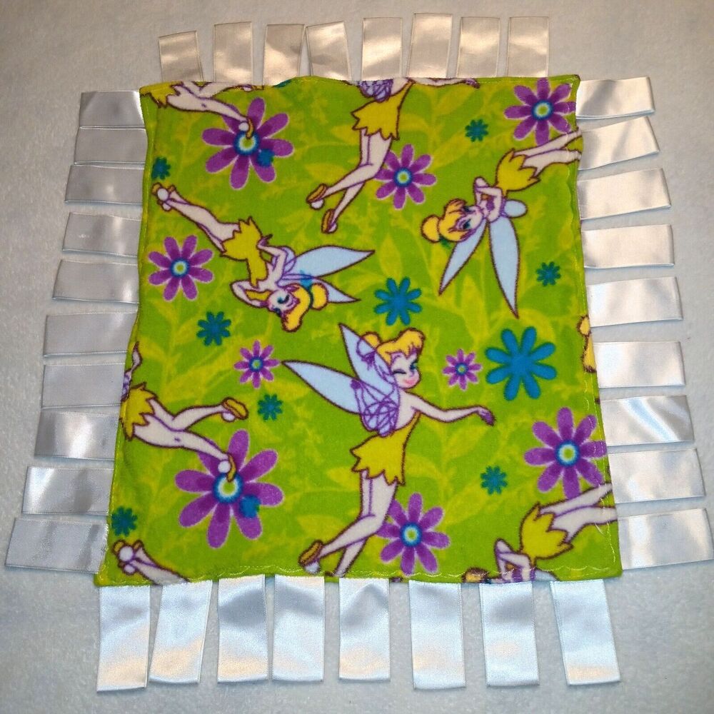 Tinker Bell Baby Blanket Handmade? Green Purple Satin Tags 15x18 in